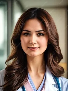 Confident female doctor in blue scrubs smiling and holding a stethoscope against a white background.