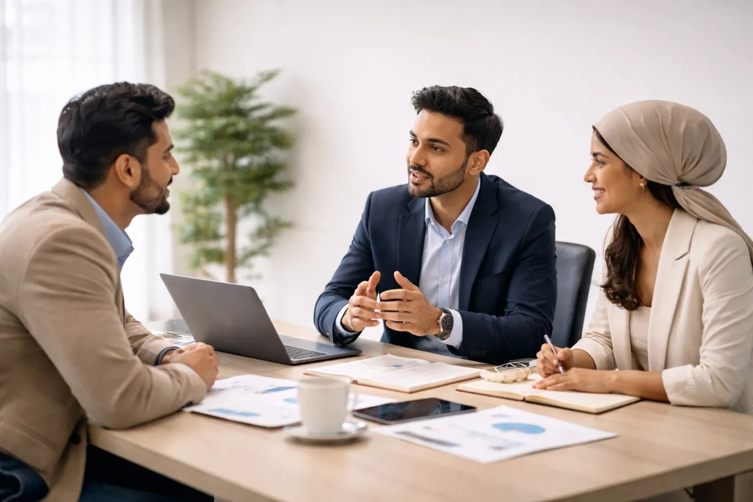 Diverse professionals in a business meeting, shaking hands across a table, indoors.