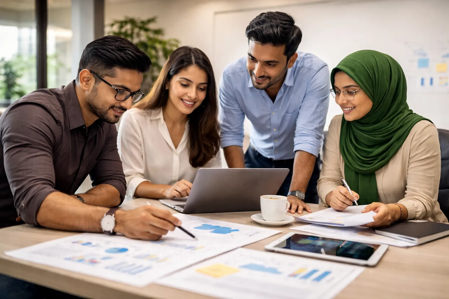 A multicultural team engaged in a collaborative office meeting, discussing ideas around a table.