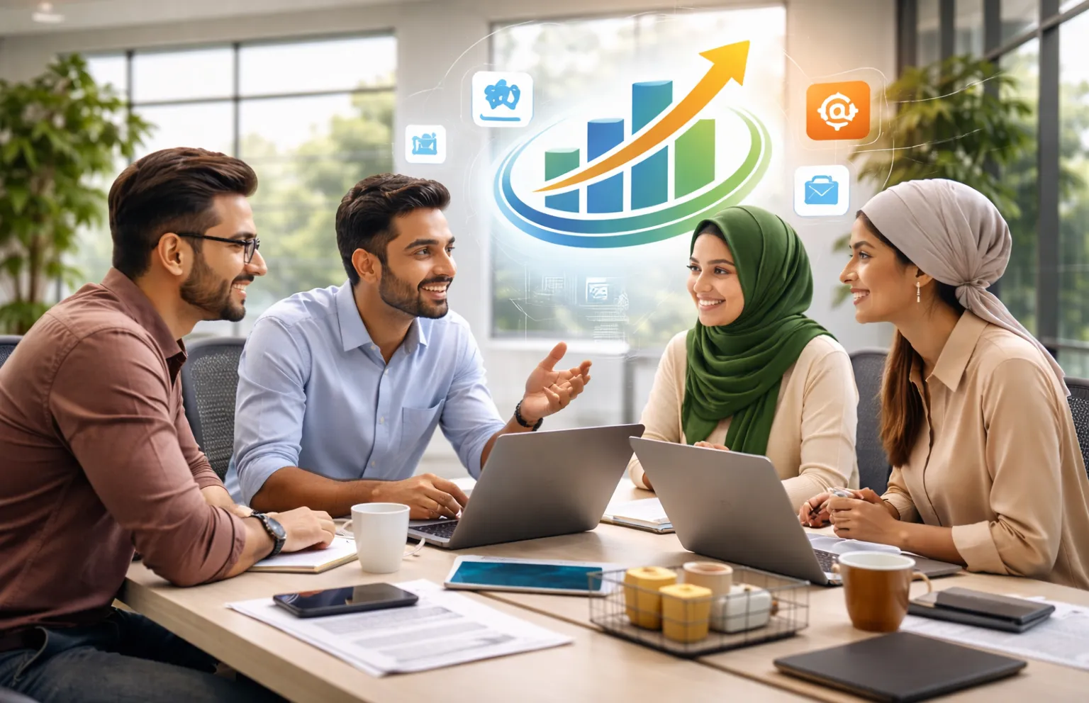 A group of diverse coworkers engaging in a collaborative discussion with laptops in a modern office setting.