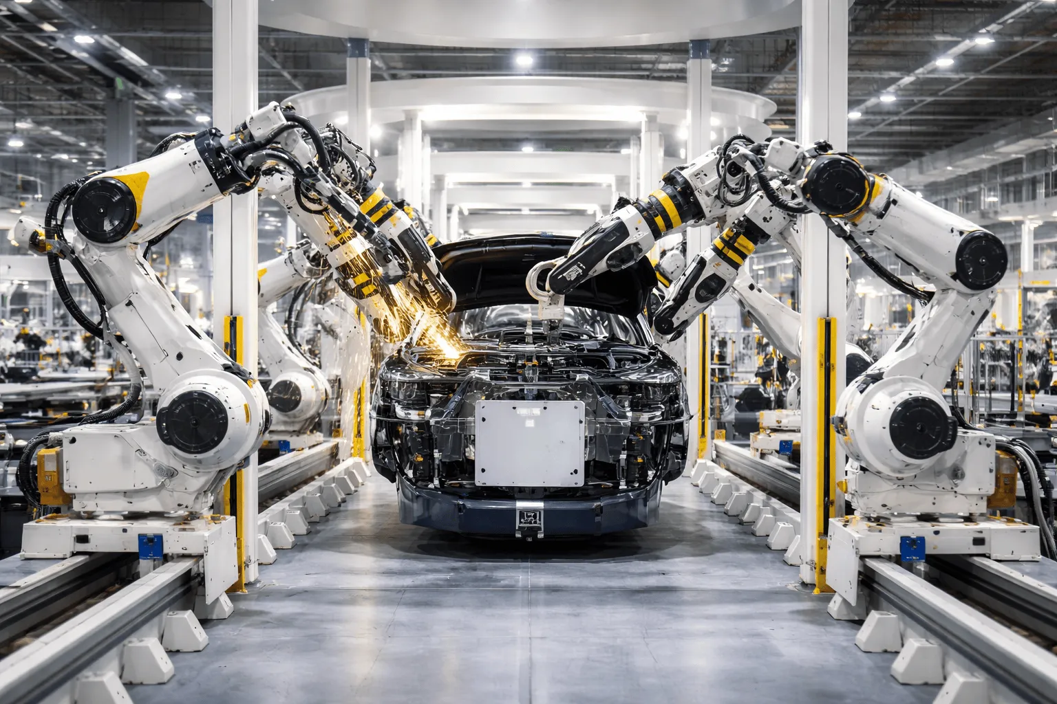 High-tech robots assembling a car in a modern factory setting, showcasing automation.
