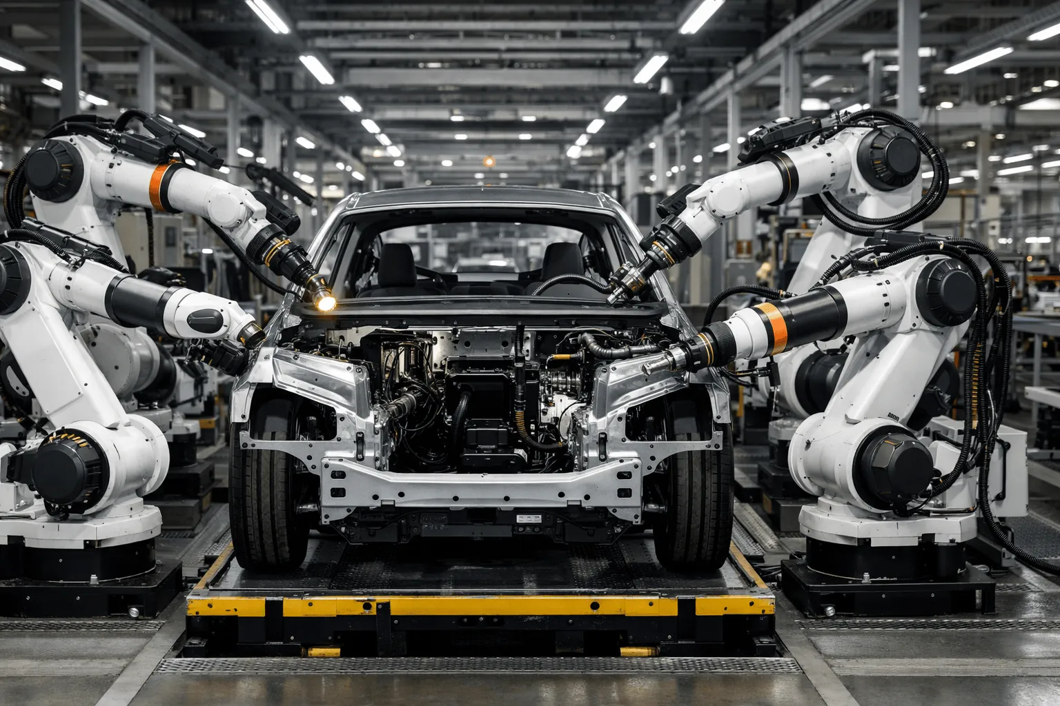 High-tech robots assembling a car in a modern factory setting, showcasing automation.